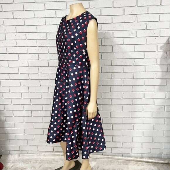 Hobbs silk wool red-white-blue polka dot midi dress - Size 12 - Picture 4 of 9